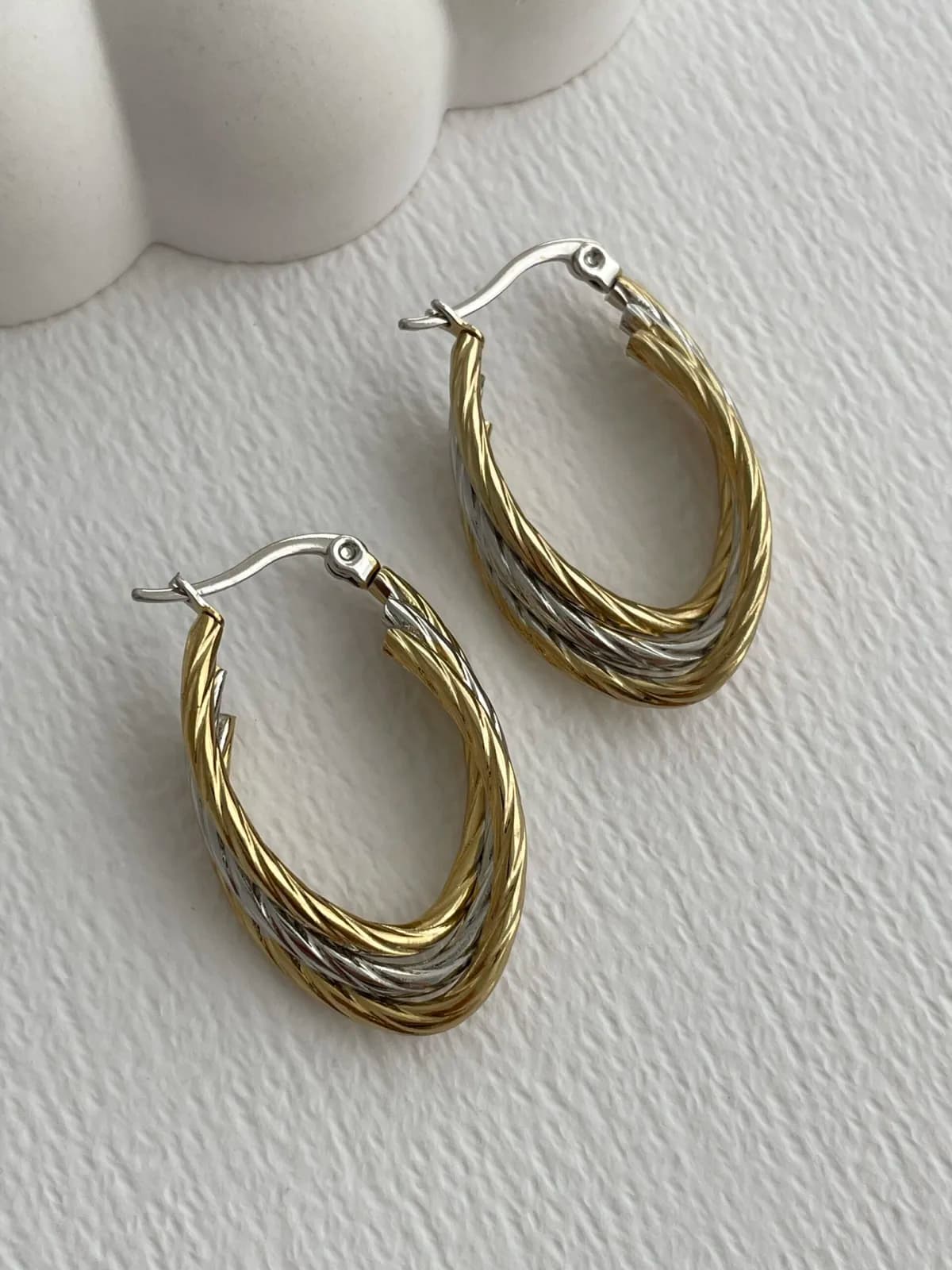 Çelik Üçlü Burgu Tasarım Gold &amp; Gümüş Küpe