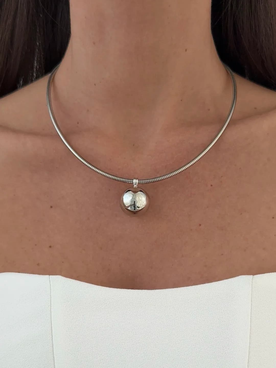 Özel Seri Tel Tasarım Top Detay Gümüş Choker Kolye
