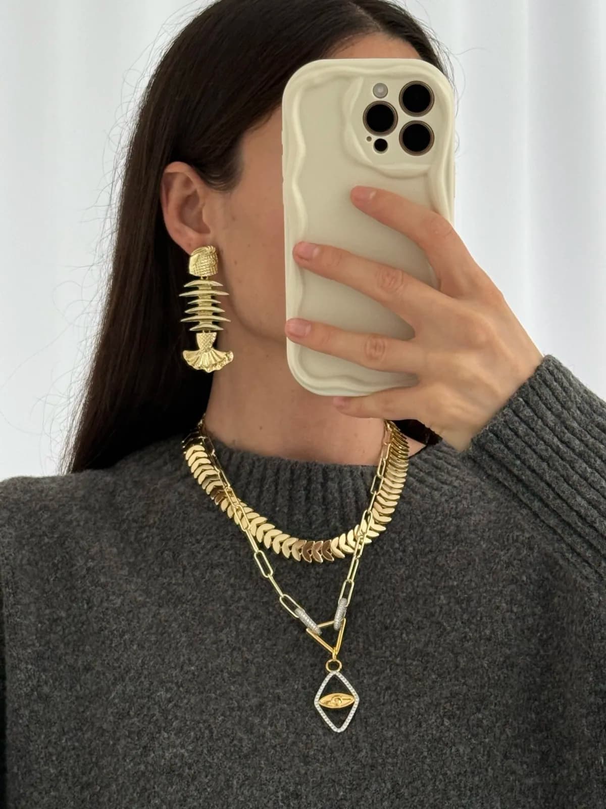 Özel Seri Balık İskelet Marka Model Gold Küpe