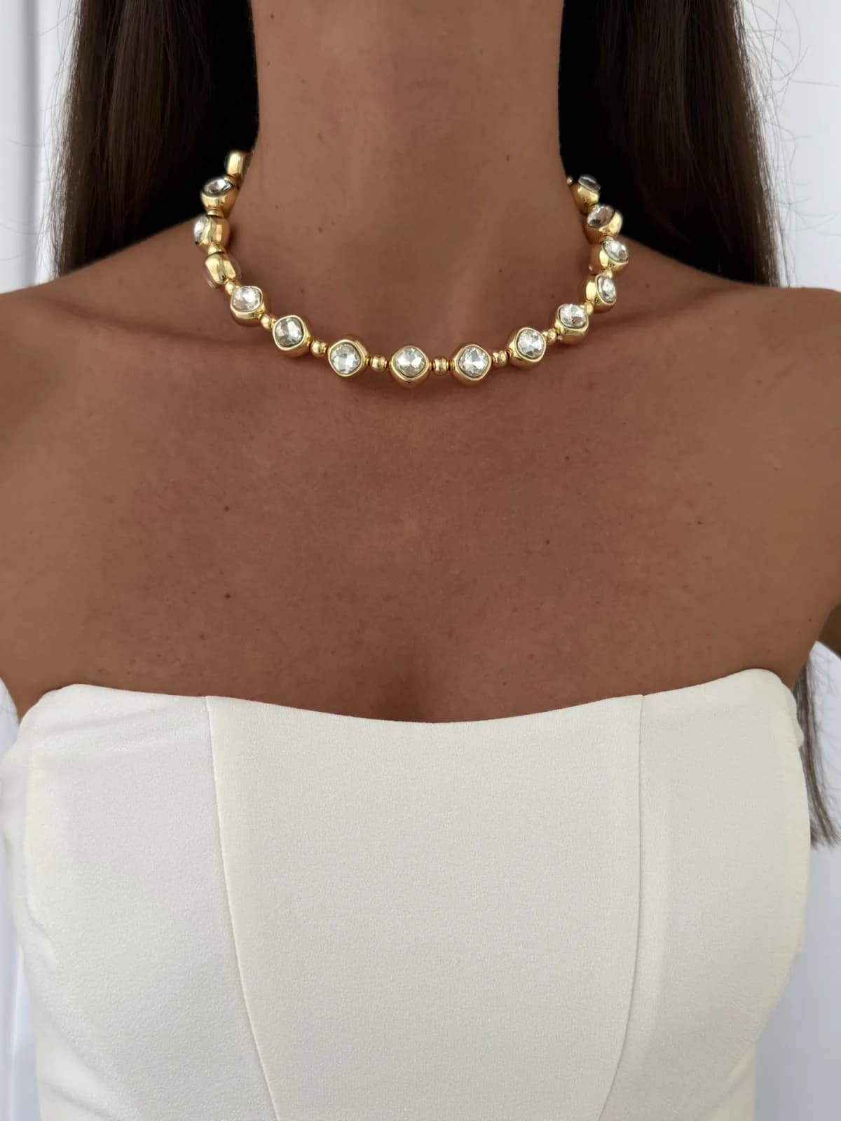 Özel Seri Çift Tarafı Zirkon Taşlı Gold Yuvarlak Choker Kolye