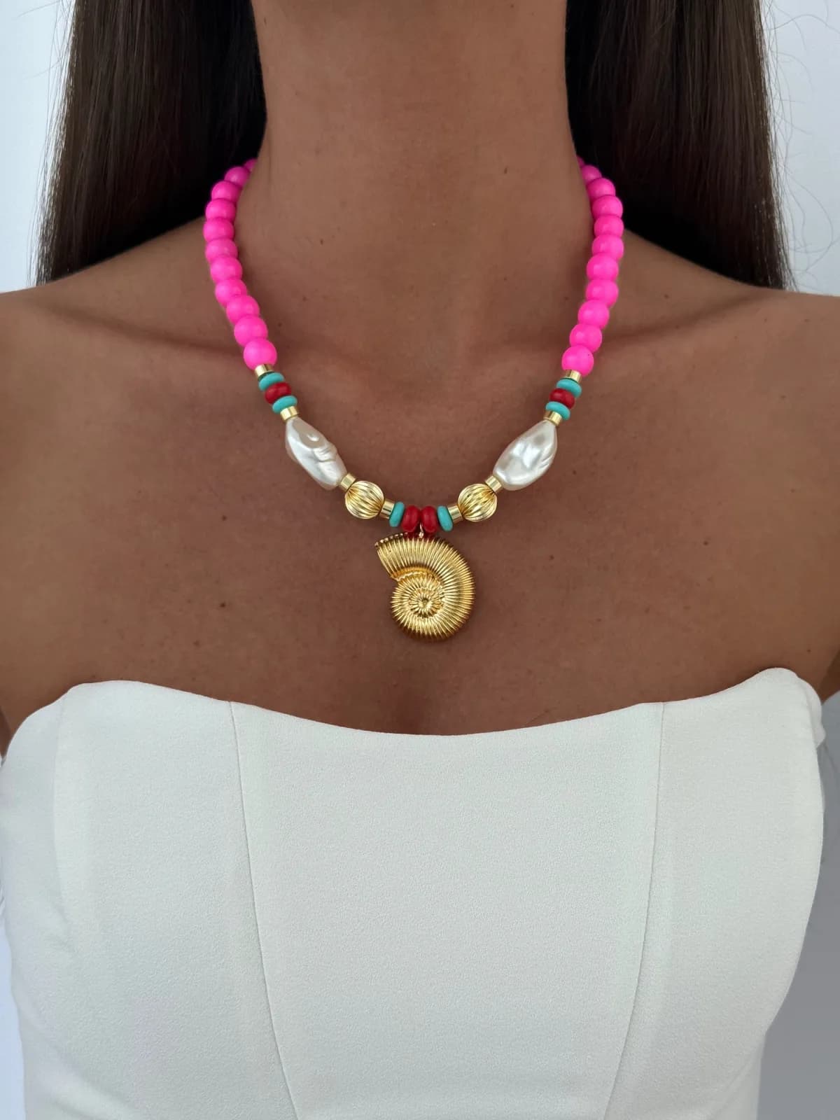 Özel Seri Deniz Kabuğu &amp; İnci Neon Pembe Gold Kolye