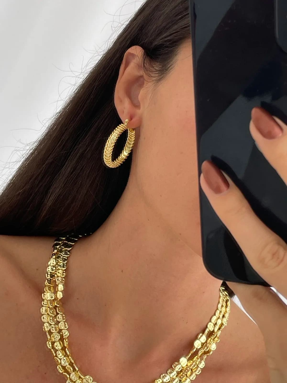 Özel Seri Tırtık Tel Çevrili Gold Halka Küpe