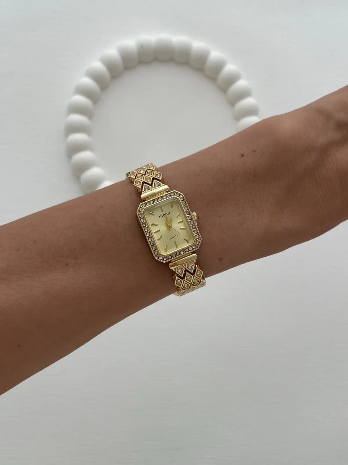 Dikdörtgen Tasarım Zirkon Taşlı Kadranı Sarı Gold Vintage Saat
