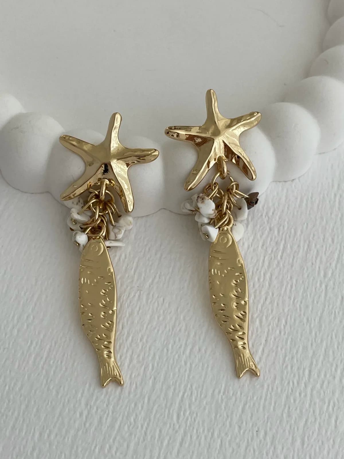 Özel Seri Balık &amp; Deniz Yıldızı Tasarım Gold Küpe