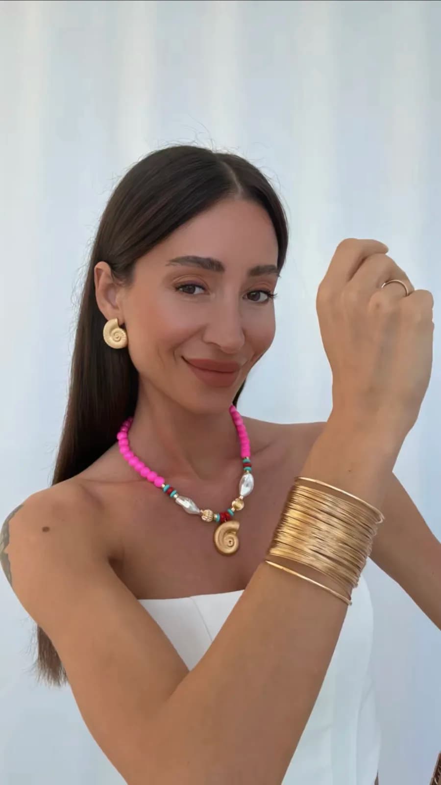 Özel Seri Deniz Kabuğu &amp; İnci Neon Pembe Gold Kolye