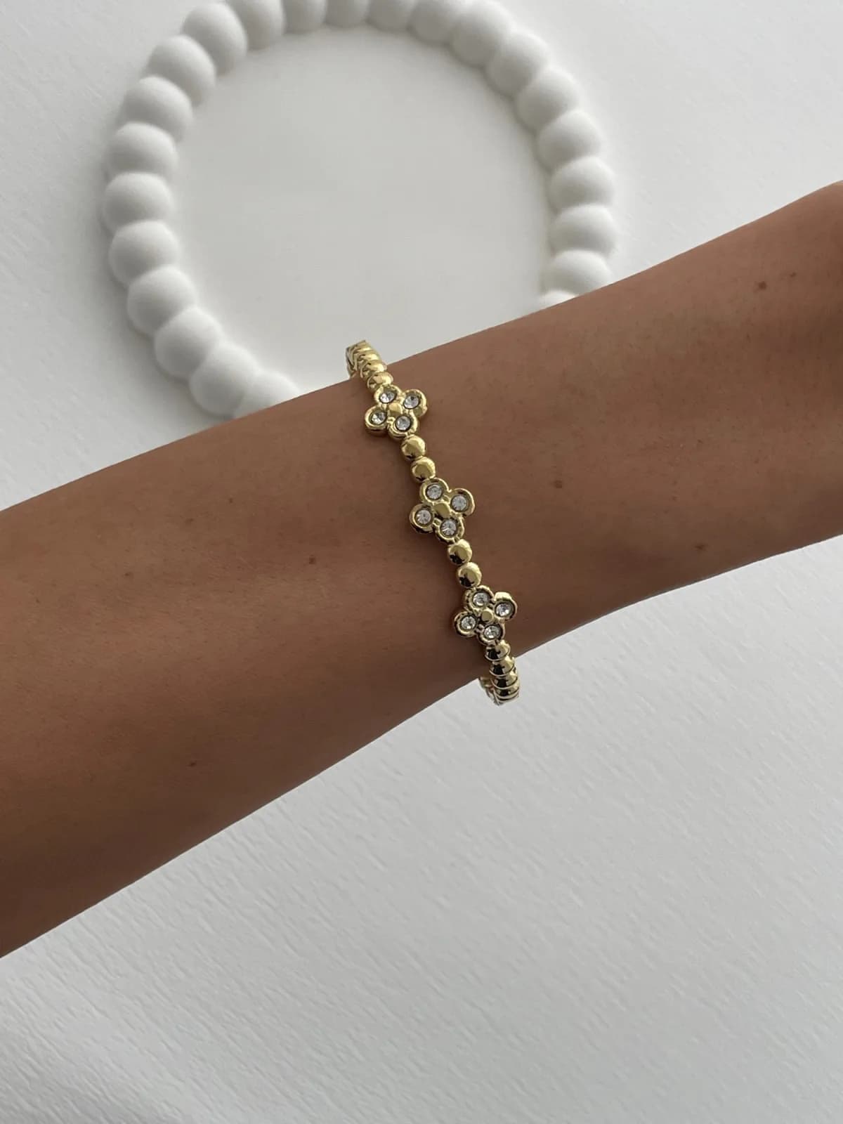 Çelik Zirkon Taşlı Yonca Model Gold Bileklik