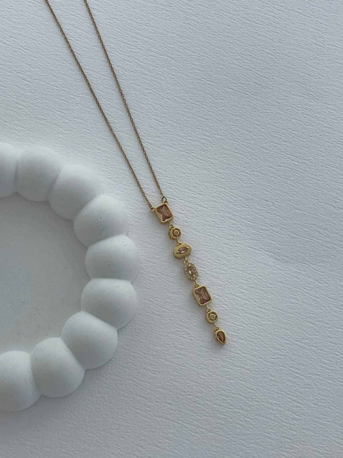 Çelik Açık Kahve Baget Taşlı Geometrik Tasarım Gold Y Kolye
