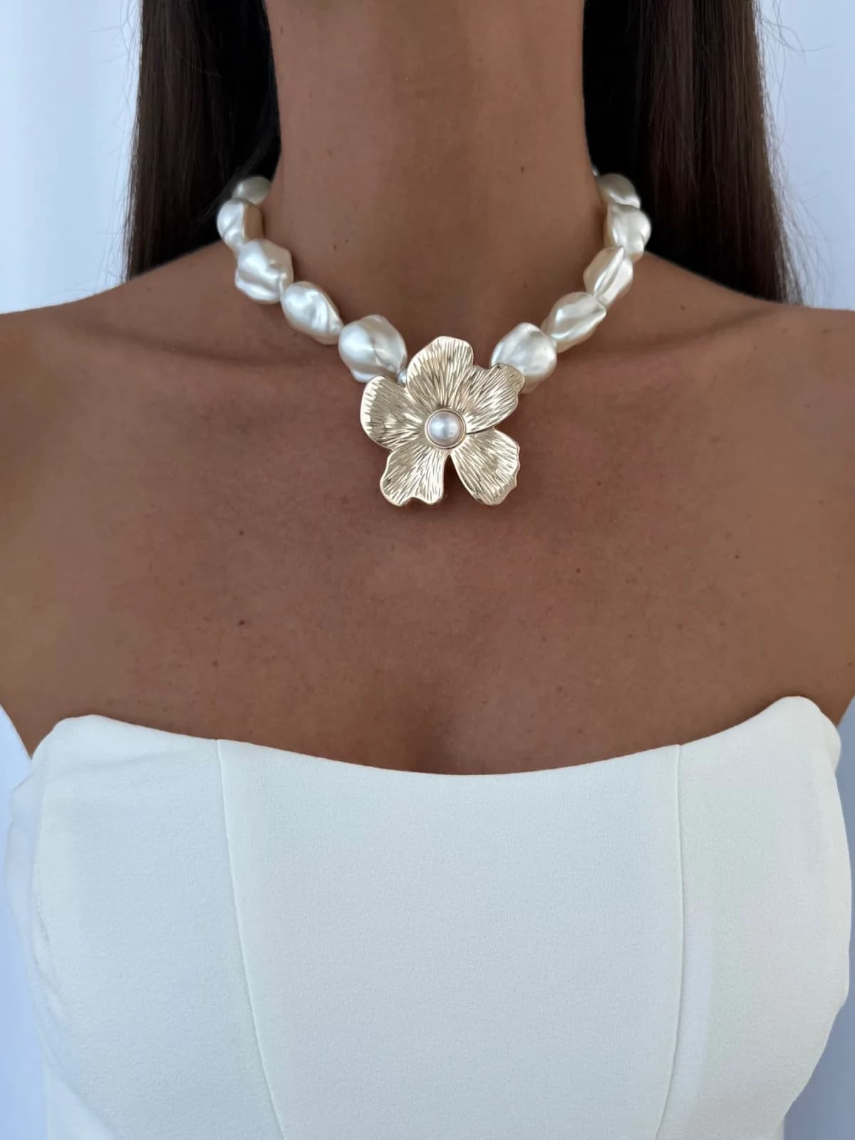 Özel Seri Gold Çiçek Büyük Barok İnci Choker Kolye