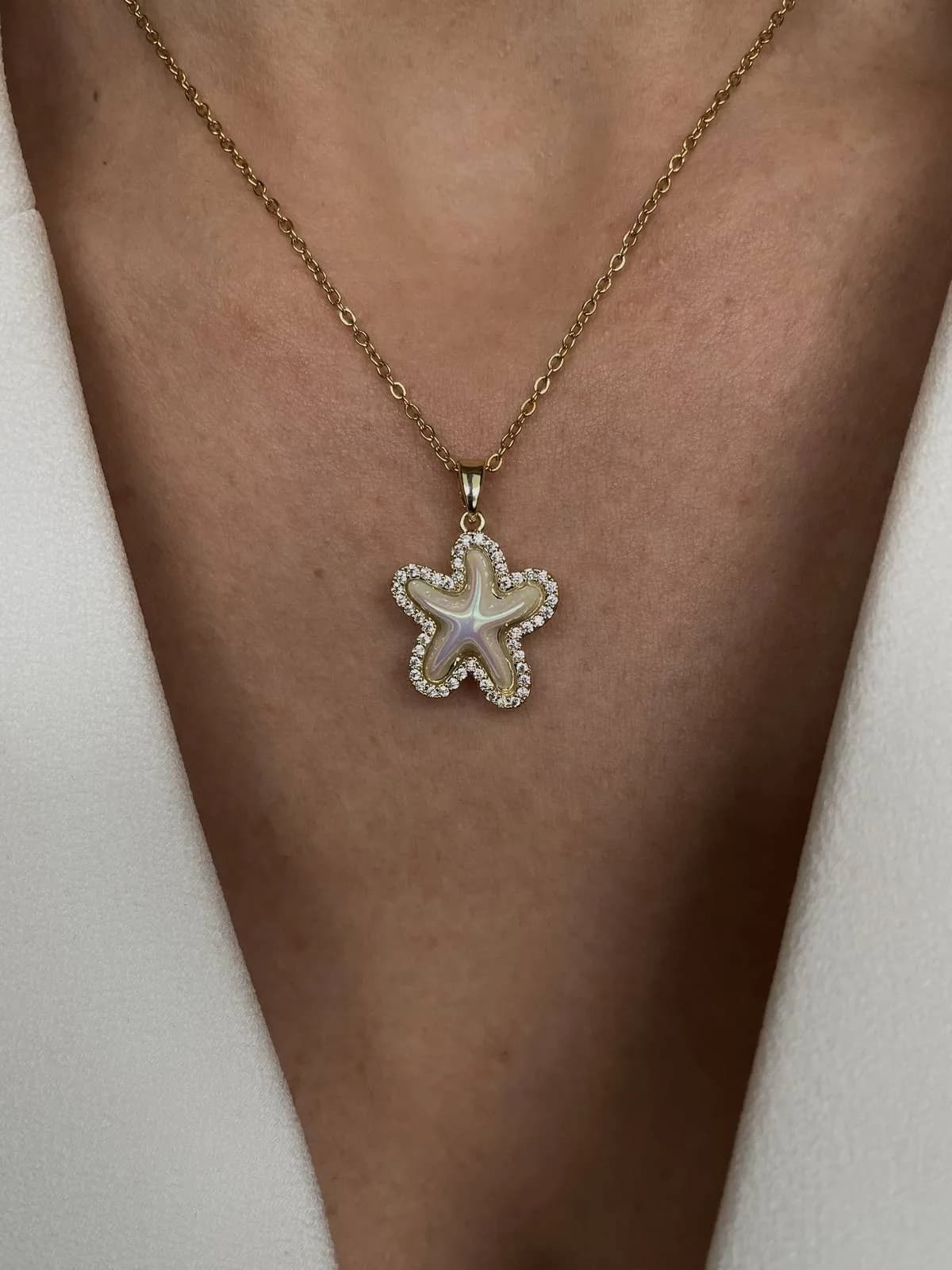 Gold Zirkon Taşlı Deniz Yıldız Çelik Kolye