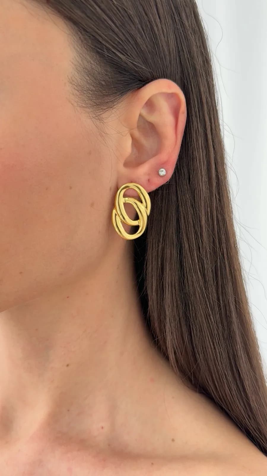 Çelik İkili Oval Tasarım Gold Küpe